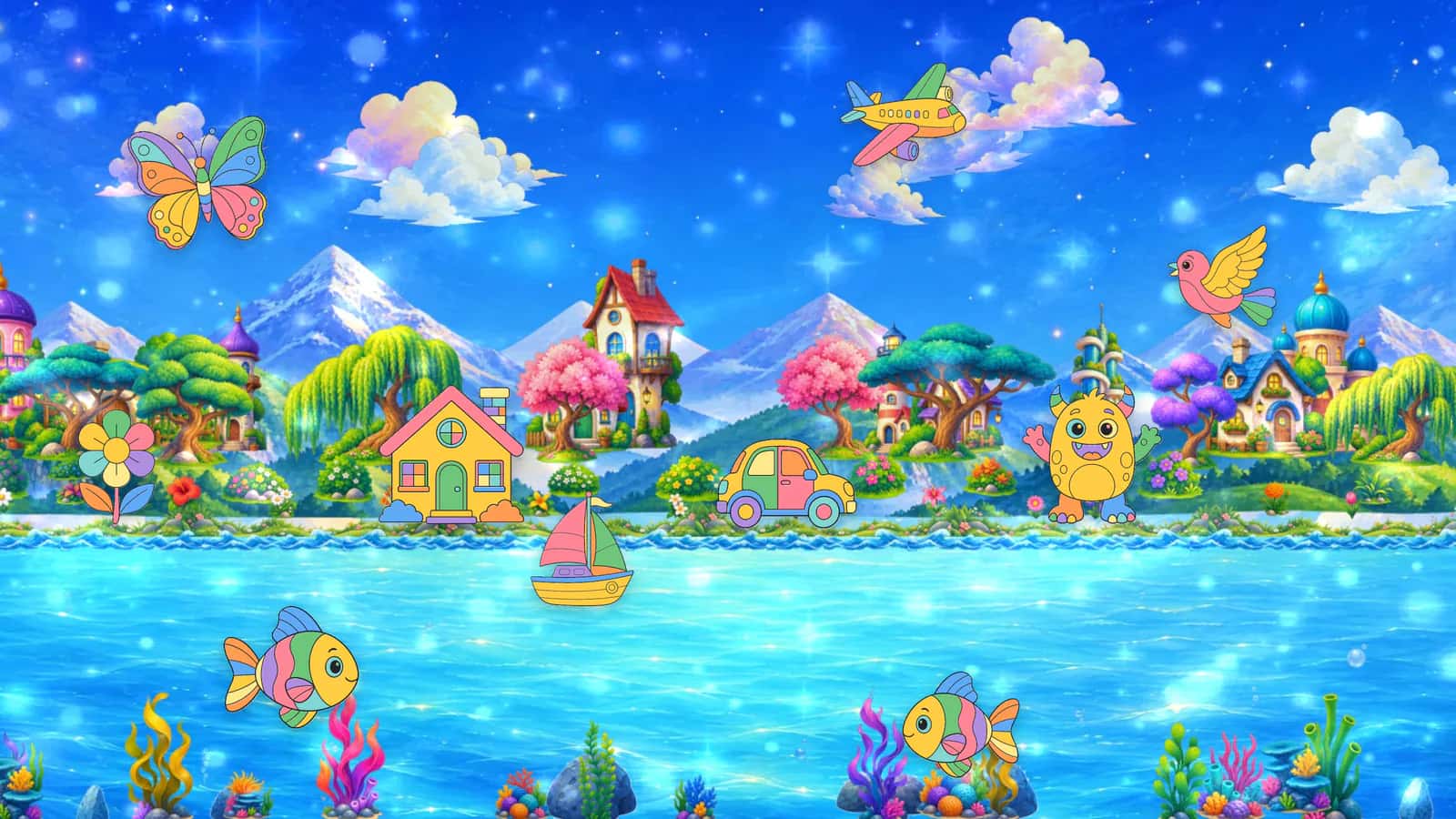 The DraWorld wall: a painted seaside town where children's coloured drawings live - fish swimming, a boat bobbing, a car on the shore, a butterfly and a plane in the sky