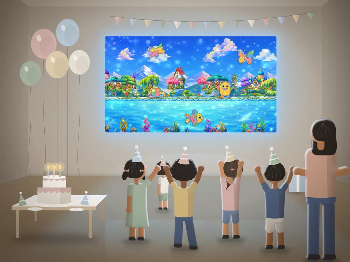 Illustration: a birthday party at home - children in party hats cheer at their drawings on the projected wall, beside pastel balloons and a table with a cake
