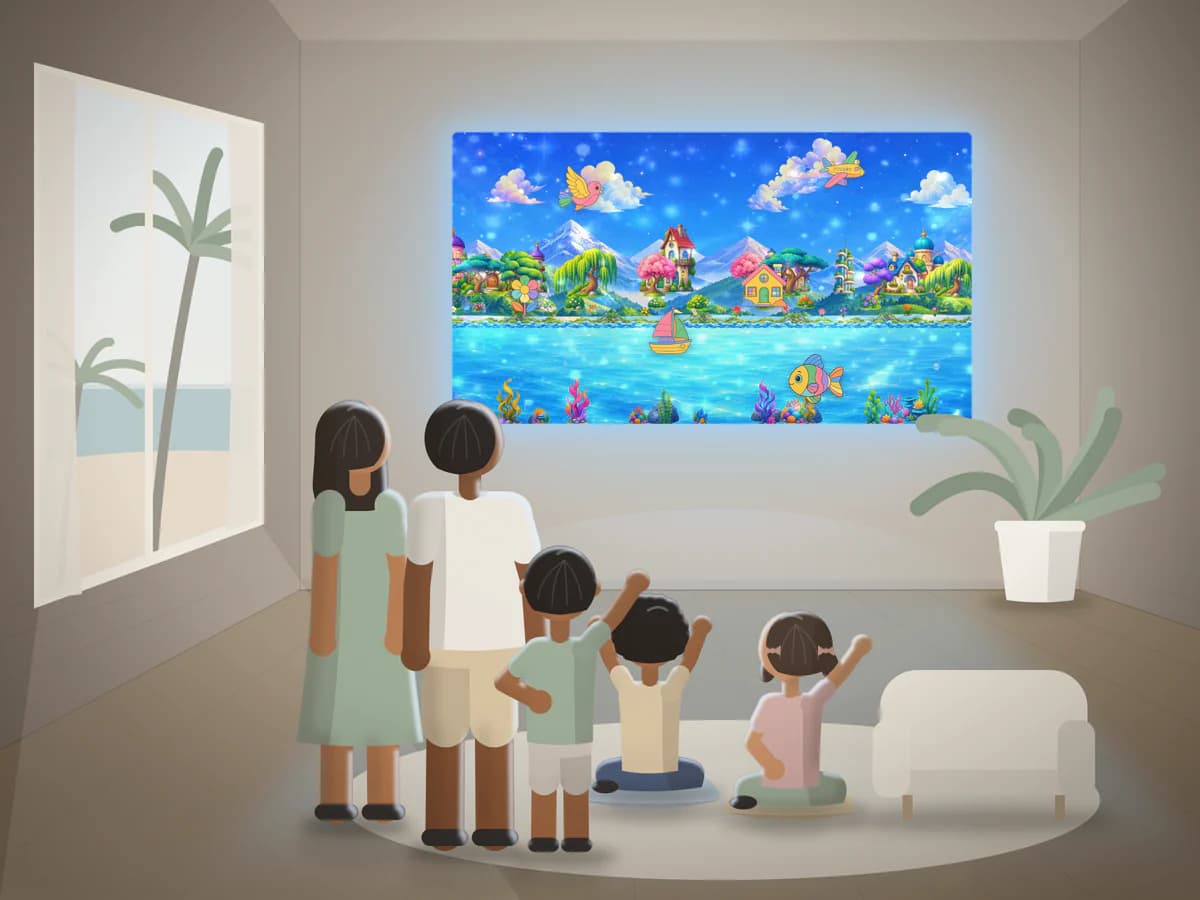 Illustration: a resort kids' club - a big window onto palms and the sea, lounge chairs and a plant, and a family watching children's drawings swim across the projected world