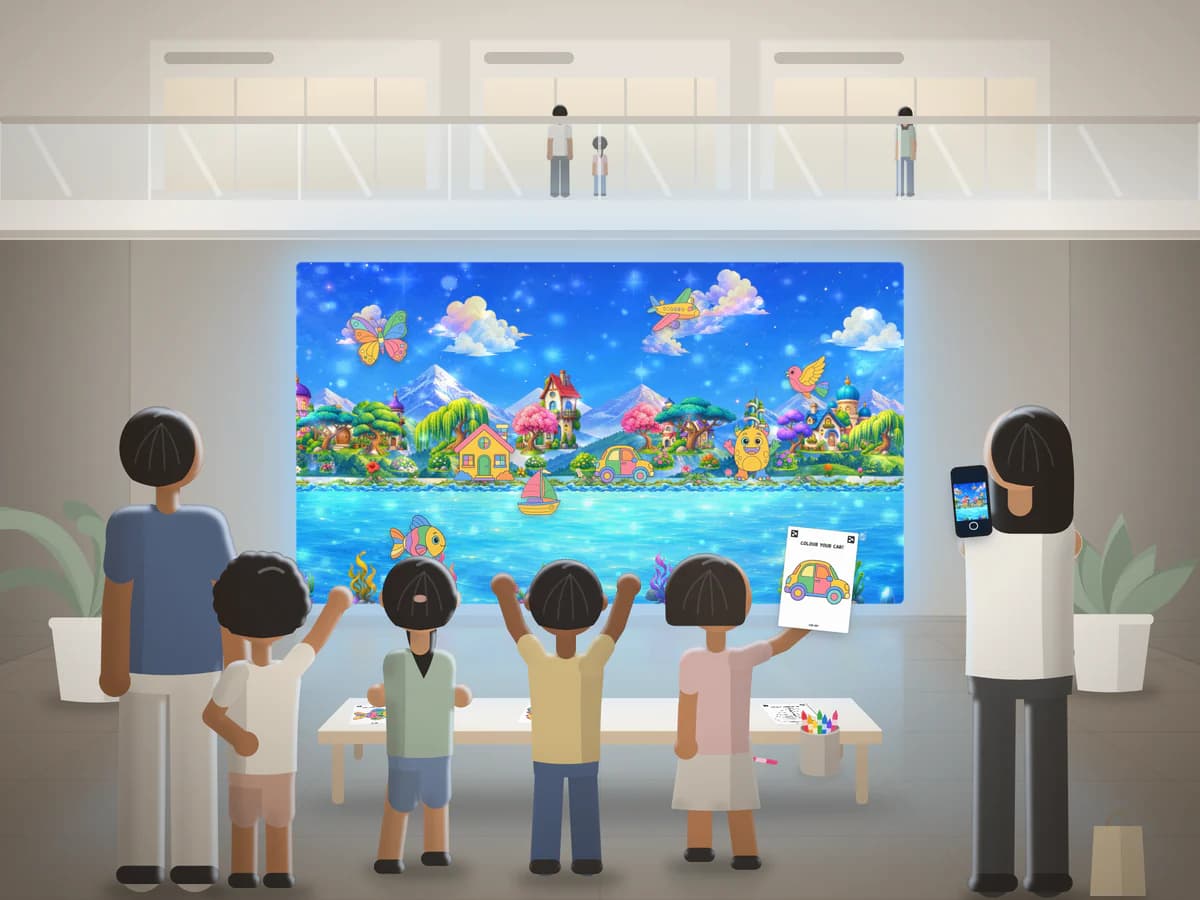 Illustration: a mall atrium - children colour at a drawing table in front of a big projected world, a parent photographs it with a phone, another holds a child by the hand, and shoppers look down from the glass balcony above