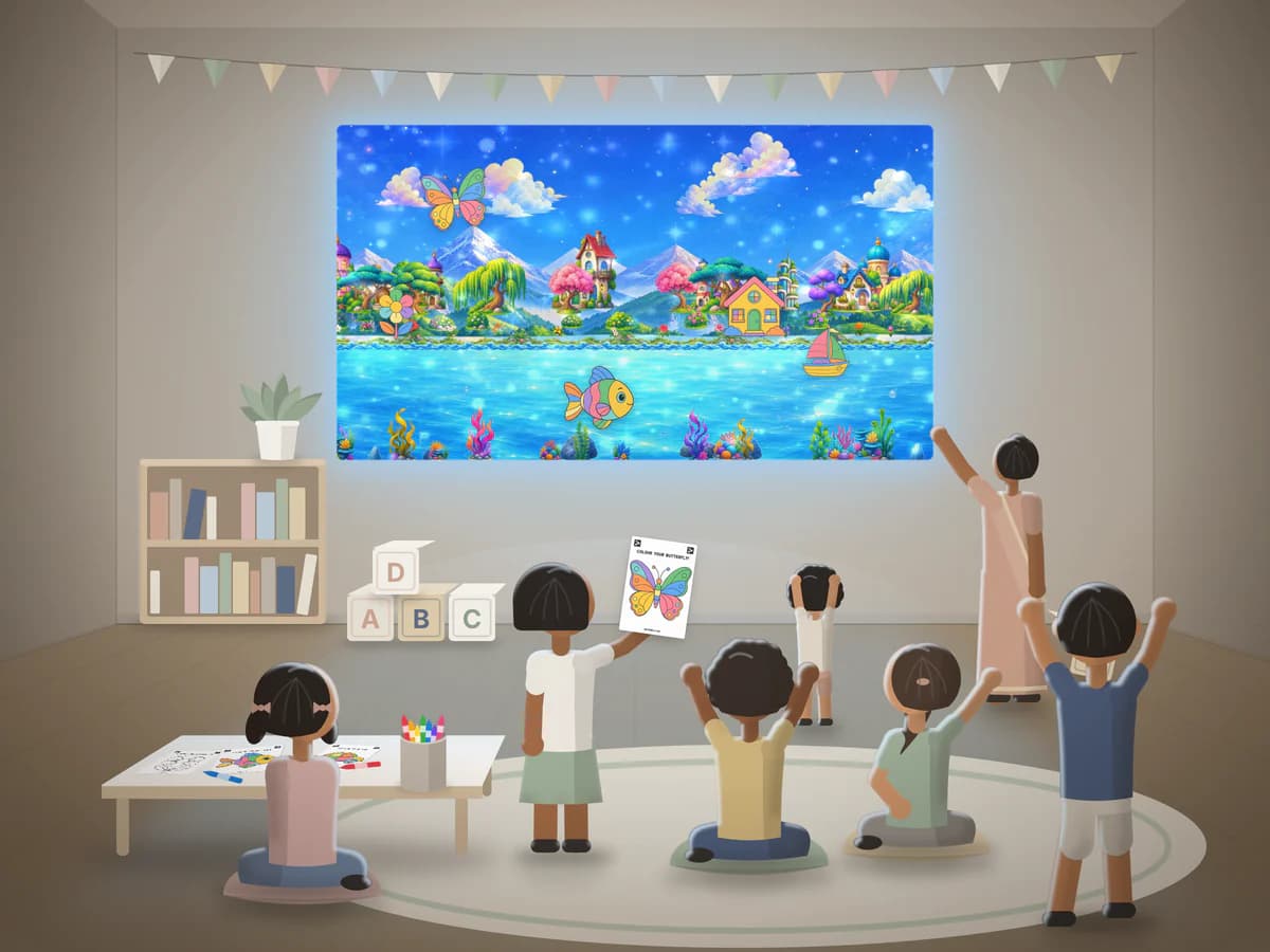 Illustration: a preschool classroom - small children sit on cushions and at a low table with crayons and coloured sheets, cheering as their drawings appear on the projected world on the wall