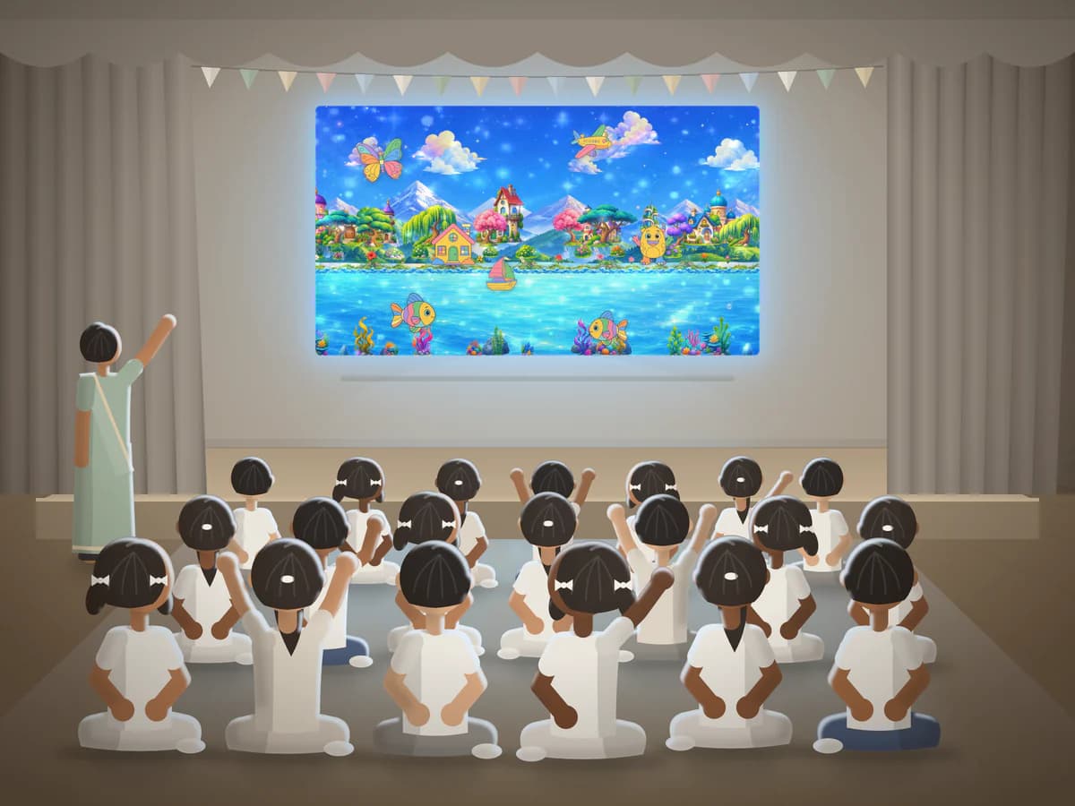 Illustration: a school hall on art day - rows of children in white uniforms sit on the floor in front of the stage, a teacher in a saree beside them, as their drawings fill the world projected on the stage wall
